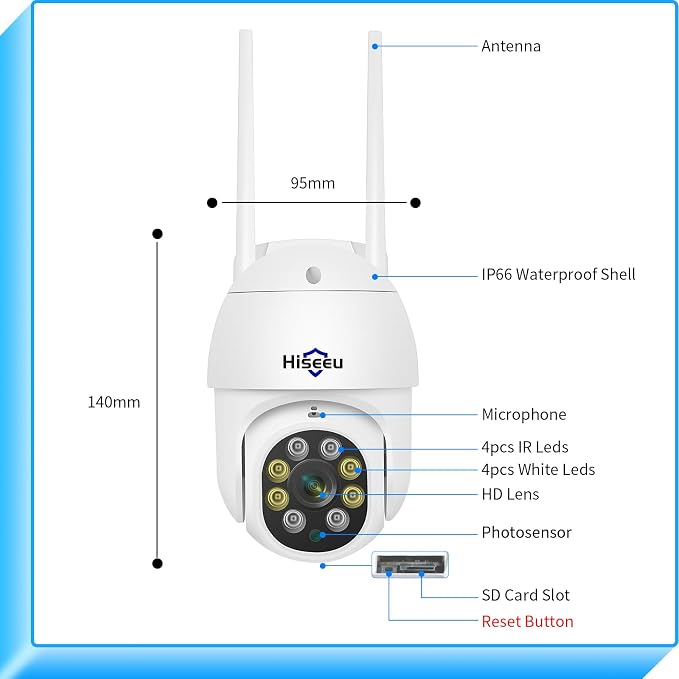 Hiseeu 3MP 360° Pan Tilt Camera WiFi Security Camera Outdoor Motion Tracking Floodlights Light Alarm,Color Night Vision,PC Mobile Remote View,Two-Way Audio Security