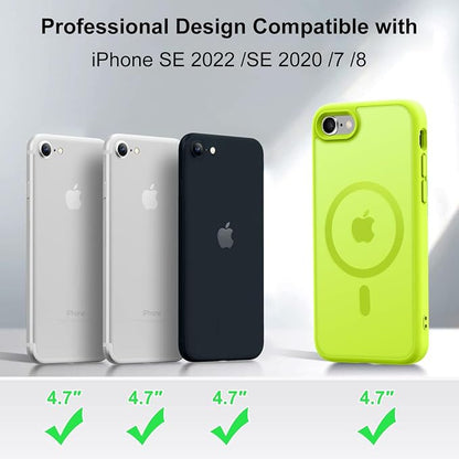 MOCCA Strong Magnetic for iPhone SE Case 2022/iPhone SE 2020 Case/iPhone 7 Case/iPhone 8 Case [Compatible with Magsafe] Slim Thin Translucent Matte Protective Cover Phone Case 4.7'', Fluorescent Green