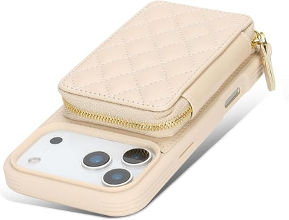 Crossbody Wallet Case for iPhone 17 Pro Max, PU Leather Zipper Handbag Purse Flip Cover, Kickstand Folio Case with Card Slots Holder Wrist Strap Lanyard 5G 6.9 Inch-White