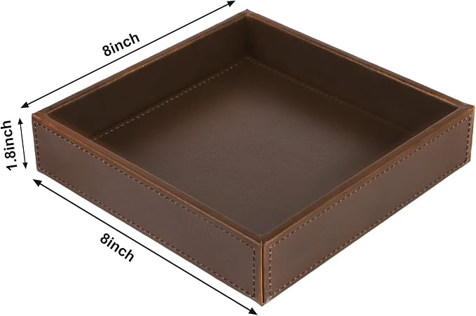 HofferRuffer Faux Leather Vanity Tray, Elegant Desktop Storage Organizer, Decorative Catchall for Perfume, Bathroom Valet, Nightstand or Dresser, 8 x 8 x 1.8 inches (Brown)