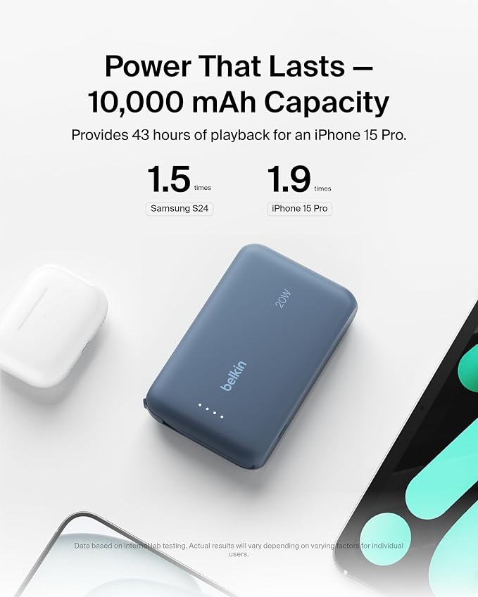 Belkin Portable Charger Power Bank USB C, 10000 mAh w/Integrated Cable, 20W Fast Charge USB-C Power Delivery, iPhone Charger, Apple iPhone 17, Air, Pro, Pro Max, iPad, Samsung Galaxy S25 - Blue