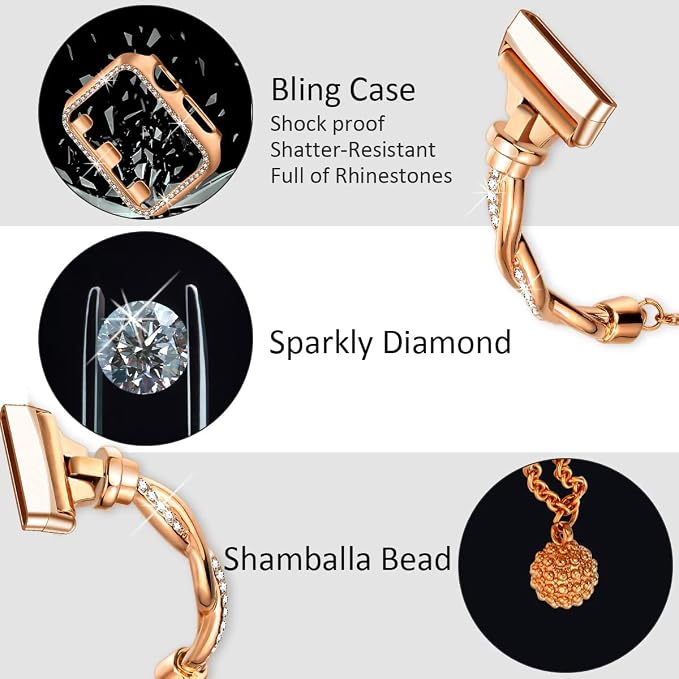 Bling Band Compatible with Fitbit Versa 4/Sense, Fitbit Versa 3/ Sense 2, Double Twist Metal Bangle Bracelet with Rhinestones for (Fitbit Versa 4/Sense 2, Rose Gold)