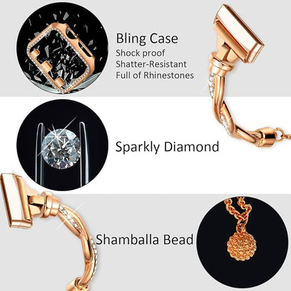 Bling Band Compatible with Fitbit Versa 4/Sense, Fitbit Versa 3/ Sense 2, Double Twist Metal Bangle Bracelet with Rhinestones for (Fitbit Versa 4/Sense 2, Rose Gold)