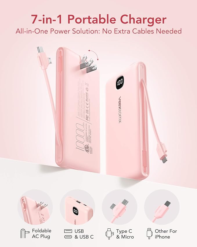 Portable Charger Power Bank Built in Cables and Wall Plug, 10000mAh iPhone Battery Pack Fast Charging, USB C External Slim Power Bank, Travel Essentials Compatible with iPhone 16 15 14 13 iPad, Pink