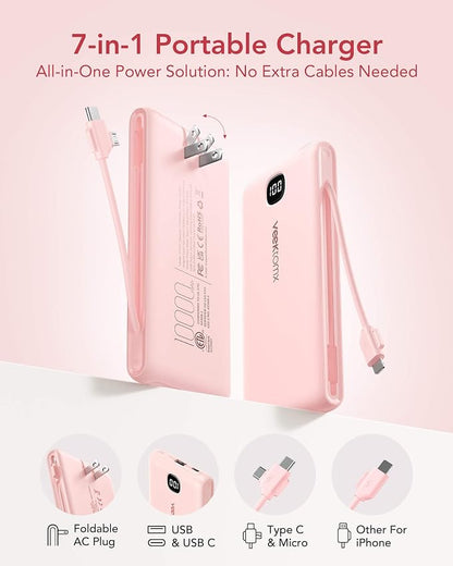 Portable Charger Power Bank Built in Cables and Wall Plug, 10000mAh iPhone Battery Pack Fast Charging, USB C External Slim Power Bank, Travel Essentials Compatible with iPhone 16 15 14 13 iPad, Pink