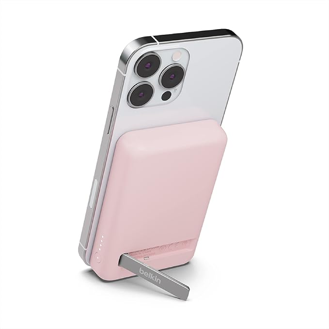 Belkin Portable Charger, Wireless Power Bank 5000 mAh MagSafe Charger 7.5W, Built-in Pop-up Kickstand - iPhone 17, Air, Pro, Pro Max, iPhone 16, AirPods, Apple Watch, Google Pixel 10, etc. - Pink