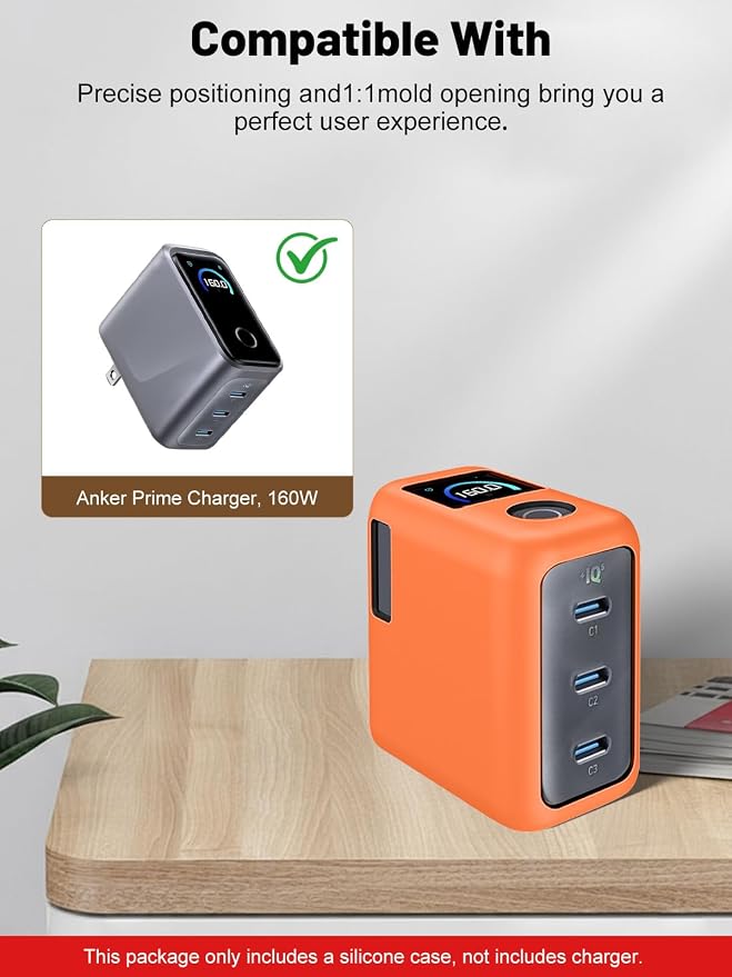 Silicone Protective Case for Anker Prime 160W USB-C Charger , Full-Body Protective Cover with Precise Cutouts, Shockproof Dustproof Charging Block Protector Sleeve & Scratch-Resistant Sleeve (Orange)