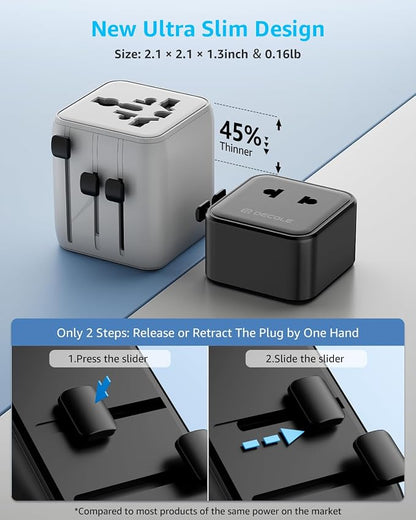 “Air” Universal Travel Adapter 2500W Max AC, Cover 200+ Countries | International Plug Adapter, All in One Portable Adapter, NOT A Voltage Converter, for USA, UK, EU, AU (Black)