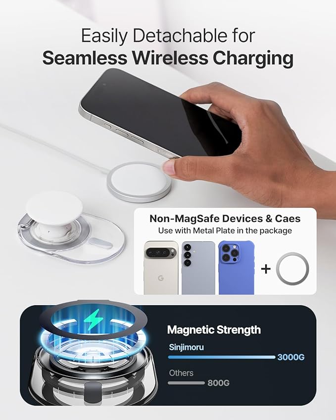 Sinjimoru Phone Grip Stand, Compatible with MagSafe, Adaptor Ring Included, 3000G Kickstand for iPhone 17/16/15/14/13. M-Tap Tok Stand Clear White