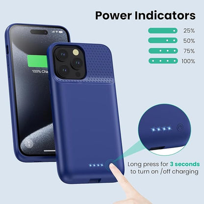 Battery Case for iPhone 15Pro Max, Upgrade 8600mah Portable Slim Battery Charging Case, 15W Fast Charging Rechargeable Protective Extended Charger Cover for iPhone 15 Pro Max (6.7 inch)-Blue