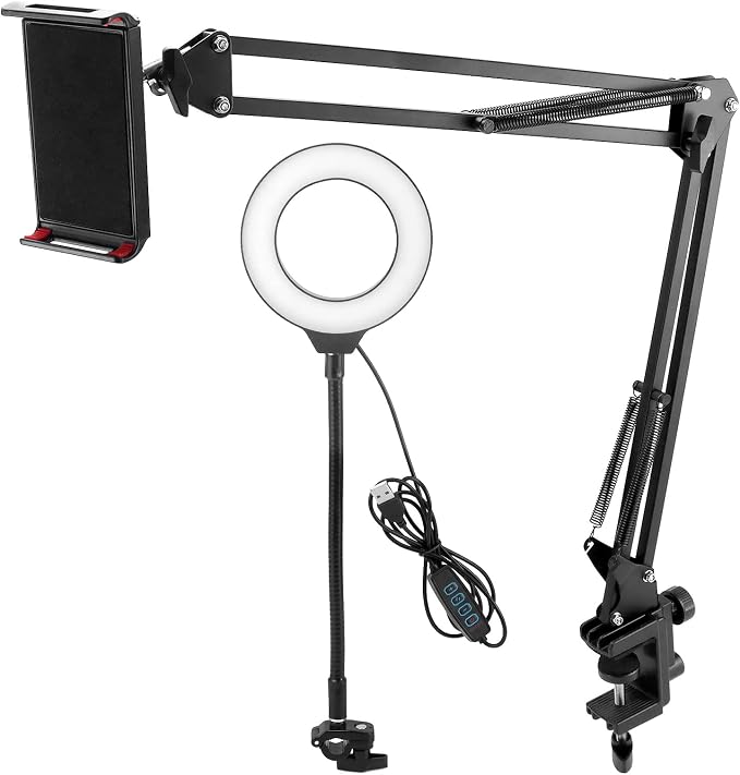 QWORK Overhead Camera Mount, Phone Mount with Ring Light, Flexible Articulating Phone Arm Stand, Phone Holder Stand, Phones Mount Clamp on Desk, for Live Stream, Video Recording and Online Teaching