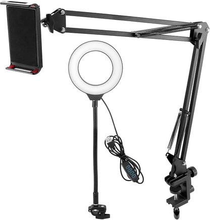 QWORK Overhead Camera Mount, Phone Mount with Ring Light, Flexible Articulating Phone Arm Stand, Phone Holder Stand, Phones Mount Clamp on Desk, for Live Stream, Video Recording and Online Teaching