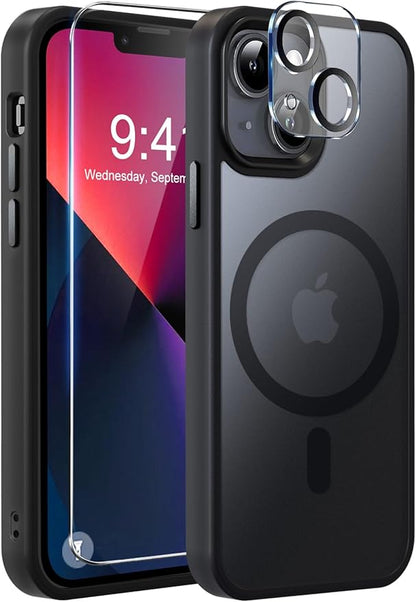 MOCCA Strong Magnetic for iPhone 13 Case, [Compatible with Magsafe][Screen Protector+Camera Lens Protector] Translucent Matte Back Slim Shockproof Case for iPhone 13 Phone Case 6.1", Black