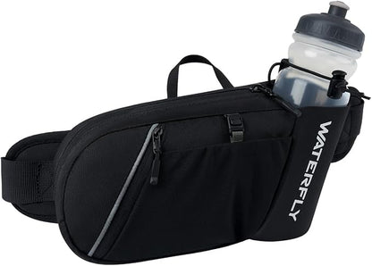 WATERFLY Fanny Pack Waist Bag: Hiking Water Bottle Holder with Strap Waist Pack for Women Men Hydration Hip Packs for Running Walking Traveling-Black