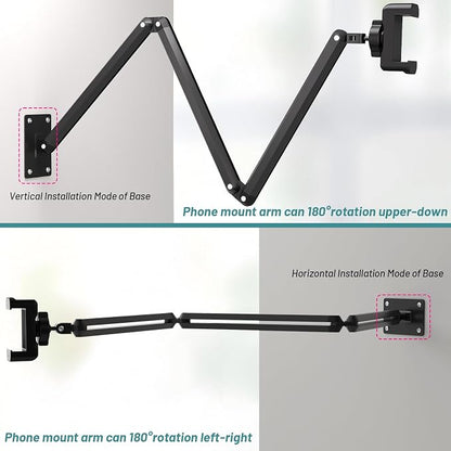 Wall Mount Phone Holder,Phone Holder for Desk Bed,3-Stage Aluminium iPhone Stand,Foldable Extendable Arms Heavy Duty Drilling Base,Compatible with 3.5~7.5" iPhone/HTC/LG/Huawei/Galaxy/Smartphones
