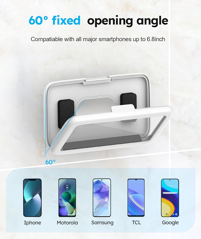 Waterproof, Upgraded IPx7 Wall Mount Phone Case, 480° Rotation, HD Touchscreen, Perfect Bathroom Shower Accessories for 4-7” Phones-Write White