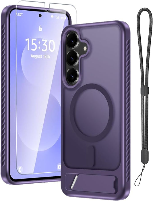 for Samsung Galaxy S25 FE Case with Screen Protector+Lanyard Wrist Strap,Magnetic Translucent Matte Rugged Slim Phone Cover Built in Invisible Kickstand [Fit for MagSafe],2025 Purple