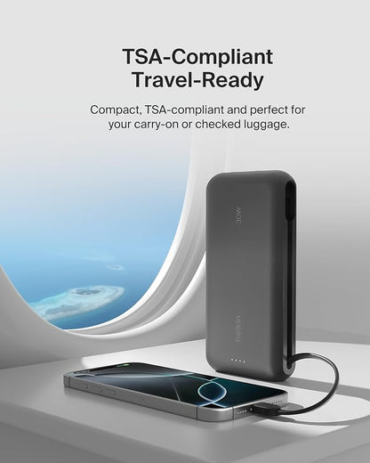 Belkin Power Bank with Integrated Cable, Fast Charging USB-C, 20000 mAh 30W, Portable Charger Power Bank USB C for iPhone 17, Air, Pro, Pro Max, iPad, AirPods, Apple Watch, Galaxy S25, & More - Black
