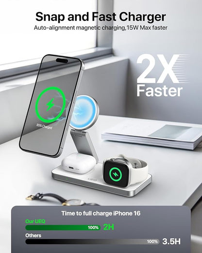 Foldable 3 in 1 Wireless Charging Station for Apple Compatible with Magsafe Charger Stand,Magnetic Wireless Charger Station for iPhone 17 Air 16 15 14 13 12 Series,Airpods Pro,Apple Watch (White)