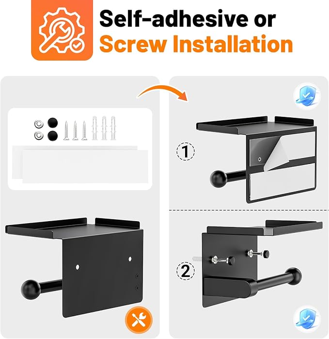 Toilet Paper Holder with Phone Storage Shelf, Matte Black Wall Mount for Bathroom, No Drill Adhesive or Screw Mount, Rustproof Metal, Fits Mega Rolls