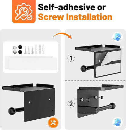 Toilet Paper Holder with Phone Storage Shelf, Matte Black Wall Mount for Bathroom, No Drill Adhesive or Screw Mount, Rustproof Metal, Fits Mega Rolls