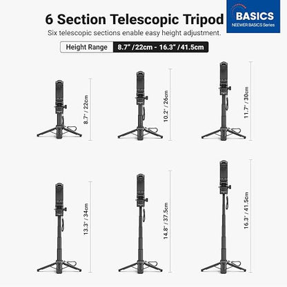 NEEWER Mini Tripod for Phone, Lightweight Foldable Small Selfie Stick Cell Phone Clamp Desk Stand with Remote & Cold Shoe Mounts Compatible with iPhone Android Samsung for Video Recording, PA986 Black