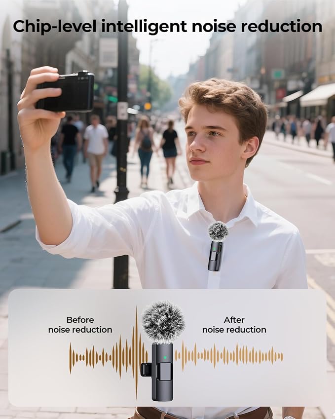 3-in-1 Microphone for iPhone, Android, Camera, Wireless Microphones, Mini Microphone, Lapel Mic with Noise Reduction, Crystal Clear Sound & 7H Battery for Recording, YouTube, Podcast