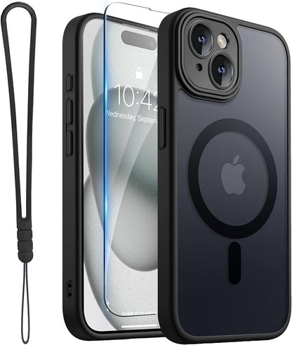 ROYBENS for iPhone 15 Matte Clear Case Compatible with Magsafe, Full Camera Lens Protection, Screen Protector, Wrist Strap, Translucent Magnetic Slim Hard Protective Phone Cover,6.1-Inch, Black