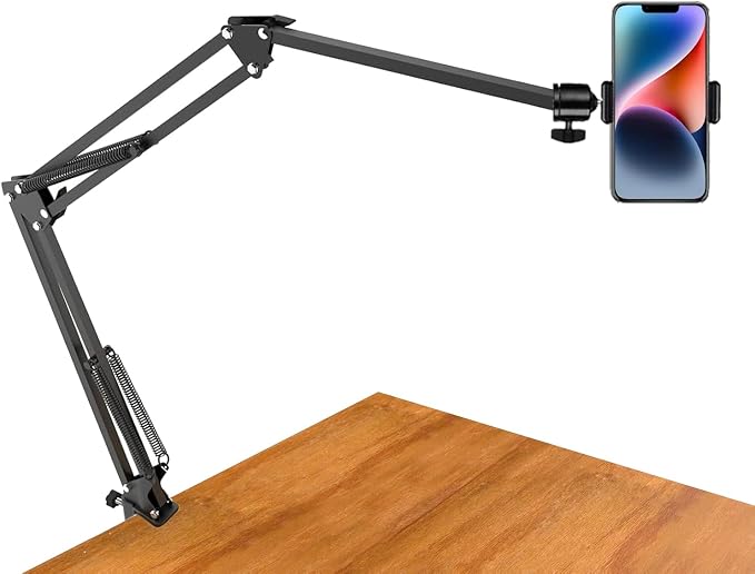 Overhead Tripod Mount for Camera Webcam Ring Light, Long Over Head Articulating Arm with Phone Holder and Ball Head, Desktop Lazy Arm Clamp Phone Stand Accessory for Live Streaming,Video Recording