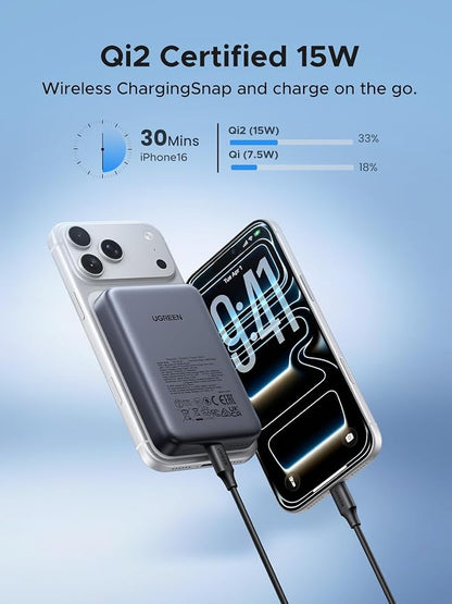 UGREEN Magnetic Power Bank Qi2 Certified 15W Fast Charging Wireless Battery Pack Slim 10000mAh Magsafe Portable Charger with 20W USB-C for iPhone 17/16/15/14/13/12 Series Black