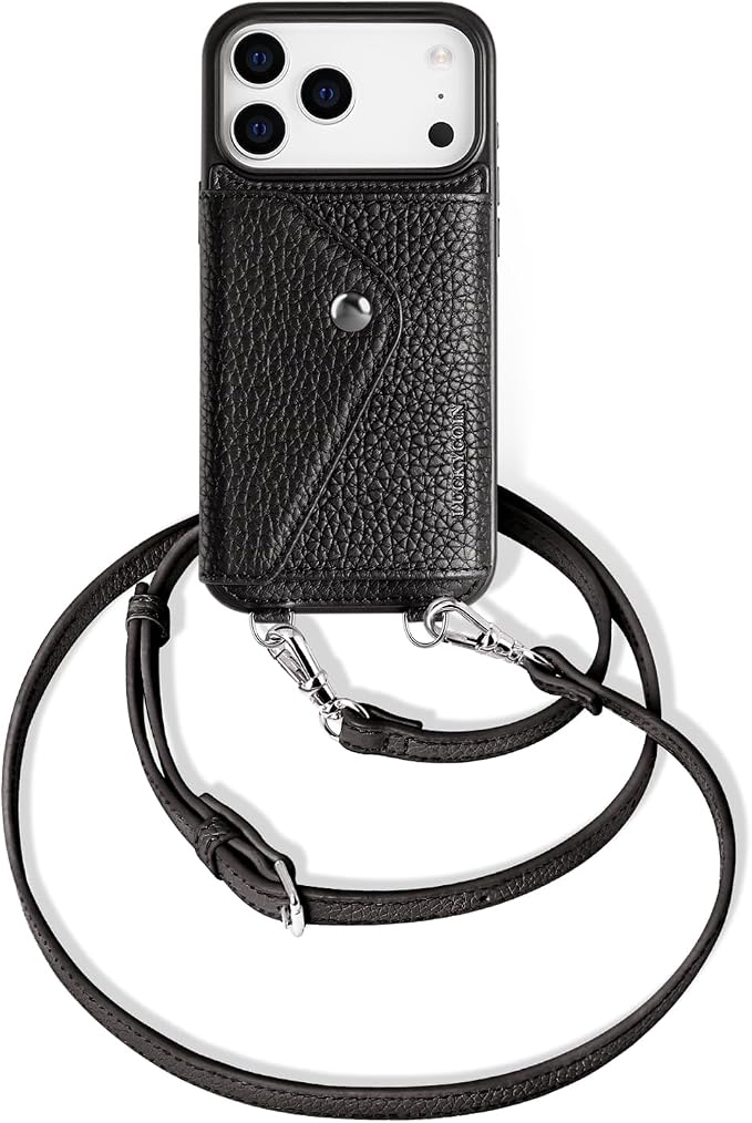 LUCKYCOIN for iPhone 17 Pro Crossbody Wallet Case – Genuine Leather Phone Purse with Adjustable Strap and Card Holder,Lanyard Phone Purse Case for Women,Pebble Grain Black