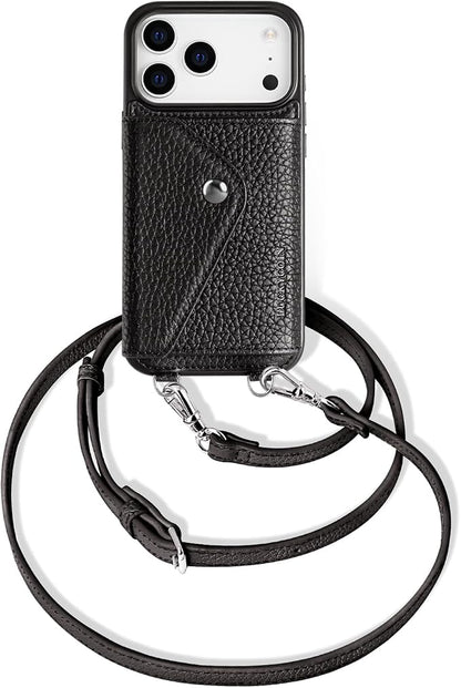 LUCKYCOIN for iPhone 17 Pro Crossbody Wallet Case – Genuine Leather Phone Purse with Adjustable Strap and Card Holder,Lanyard Phone Purse Case for Women,Pebble Grain Black