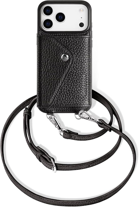 LUCKYCOIN for iPhone 17 Pro Crossbody Wallet Case – Genuine Leather Phone Purse with Adjustable Strap and Card Holder,Lanyard Phone Purse Case for Women,Pebble Grain Black