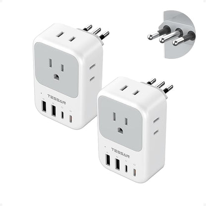 TESSAN Italy Travel Plug Adapter 2 Pack, PD 20W Italy Power Adapter with 4 AC Outlets 4 USB Ports (2 USB C), Type L Adaptor for US to Italian Chile Rome Milan Libya Uruguay