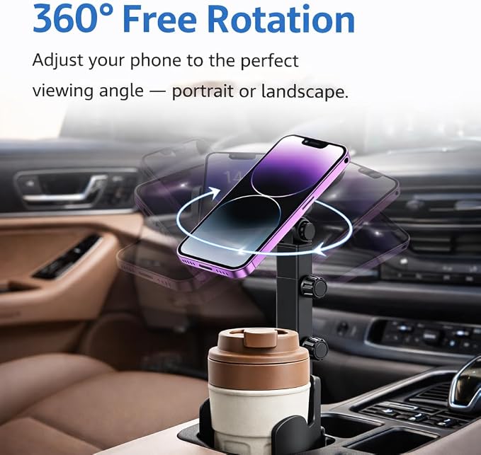 Adjustable Magnetic Cup Holder Phone Mount – MagSafe Compatible, Expandable Base, Long Arm Telescopic Car Holder, Includes Metal Ring for iPhone & Android