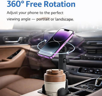 Adjustable Magnetic Cup Holder Phone Mount – MagSafe Compatible, Expandable Base, Long Arm Telescopic Car Holder, Includes Metal Ring for iPhone & Android