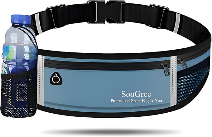 SooGree Men Women Running Belt Fanny Pack,Reflective Workout Sport Waist Pack Bag,Running Phone Holder Belt with Water Bottle Holder, Ideal for Running,Walking,Cycling,Gym Workouts (GSP8803-Blue)