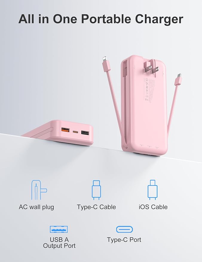 Portable Charger, 20000mAh 22.5W Fast Charging Power Bank with Built-in Cables & Wall Plug, External Battery Pack with LED Display, Travel Essentials Battery Bank for iPhone, iPad, Samsung Fairy Pink