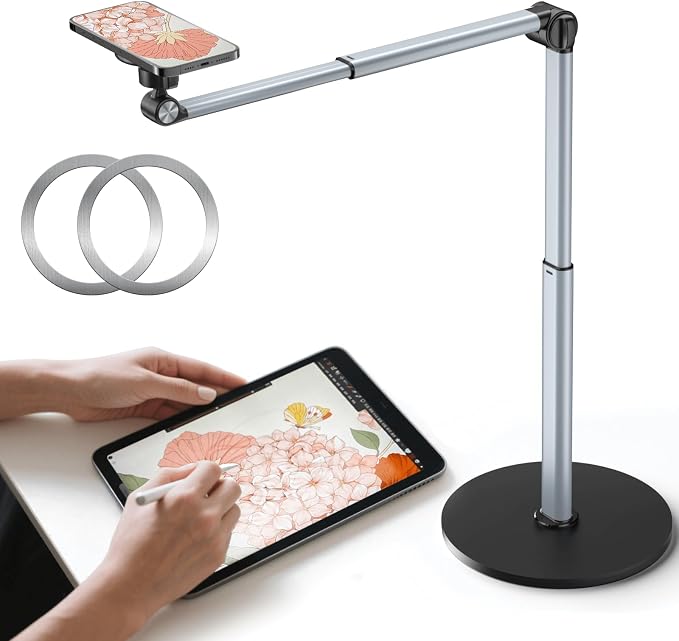 Heavy Duty Aluminum Overhead Phone Stand for Recording, Adjustable iPhone Tripod for Overhead Shots, Sturdy Stand for Cooking, Crafting, Filming, Painting – Perfect for Creators（Magnetic）