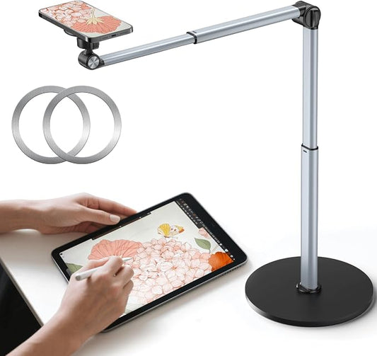Heavy Duty Aluminum Overhead Phone Stand for Recording, Adjustable iPhone Tripod for Overhead Shots, Sturdy Stand for Cooking, Crafting, Filming, Painting – Perfect for Creators（Magnetic）