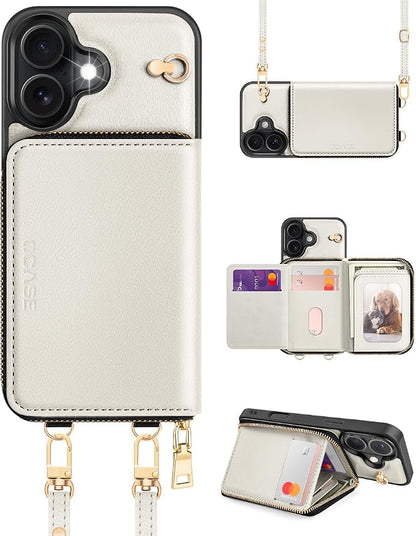 OCASE Compatible with iPhone 16 Crossbody Wallet Case with Card Holder, PU Leather Zipper Handbag Phone Purse with RFID Blocking Kickstand Wrist Strap Lanyard 6.1 Inch, Cream