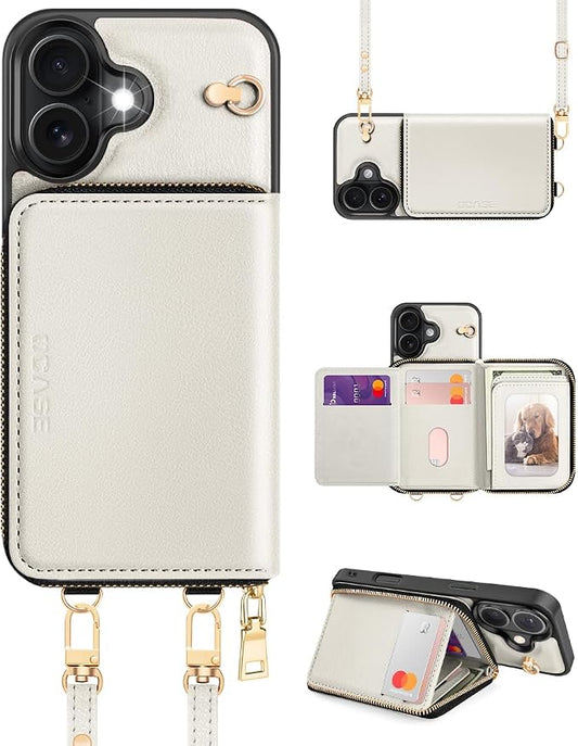 OCASE Compatible with iPhone 16 Crossbody Wallet Case with Card Holder, PU Leather Zipper Handbag Phone Purse with RFID Blocking Kickstand Wrist Strap Lanyard 6.1 Inch, Cream