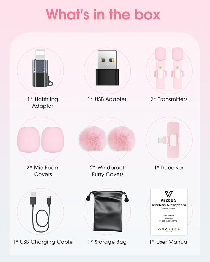 Mini Wireless Lavalier Microphone for iPhone 16/15/14/Android, Lapel Mic with Noise Reduction, 12H, 65ft, Pink Tiny Microphone Content Creator Interview for Vlog YouTube TikTok Recording (Pink)