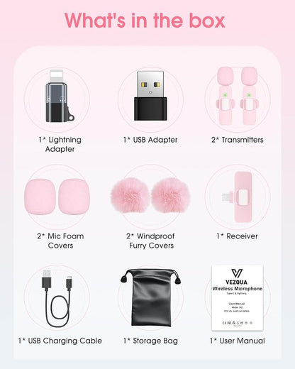 Mini Wireless Lavalier Microphone for iPhone 16/15/14/Android, Lapel Mic with Noise Reduction, 12H, 65ft, Pink Tiny Microphone Content Creator Interview for Vlog YouTube TikTok Recording (Pink)