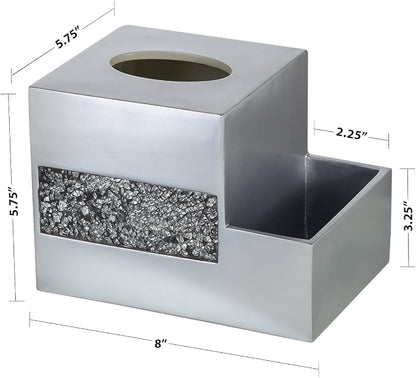 Crackled Glass Tissue Box Cover Square Silver Decorative Multi-function Storage Organizer Caddy; Tissue Box Holder & Countertop Nightstand Bedside Table Organizer Makeup, Phone, Remote Control Holder
