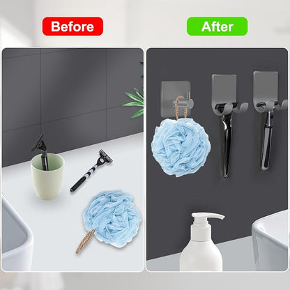 CGBE 4 Pack Shower Hooks - Self Adhesive Shaver Holder Hanger for Bathroom, Damage Free Wall Hooks for Razor, Loofah Sponge - Grey