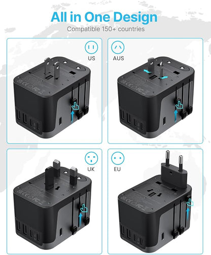 Universal Travel Adapter, VINTAR International Power Adapter with 6A 3 USB C and 2 USB Ports, All in One Travel Essentials Plug Adapter, Worldwide Outlet Converter for Europe UK USA AUS(Type C/G/A/I)