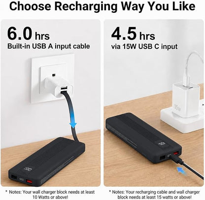 10000mAh Portable Charger with 4 Built-in Cables, 22.5W Fast Charging Power Bank, LED Display, Slim Travel Battery Pack for iPhone 17/16/15/14, Samsung Galaxy, iPad & More