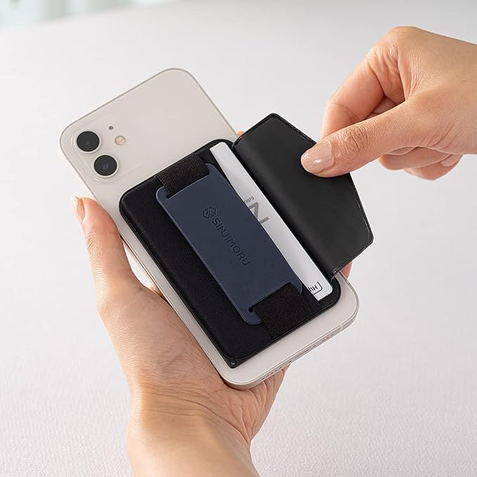Sinjimoru for 3 in 1 MagSafe Wallet 2600g Magnetic Strength Phone Grip with Stretchy Fabric Secure Flap Anti-Drop Tag Holder for iPhone 16 15 14 13 12 M-BGRIP Navy