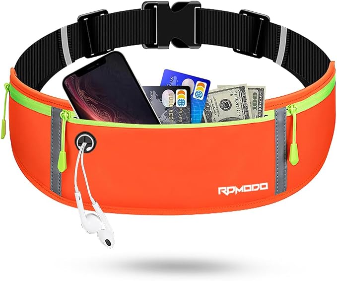 Fanny Pack for Men, Running Belt Waist Pack for Women Water Resistant Running Pouch Slim Large Capacity 3 Pockets Reflective Strip Flip Belt for iPhone 13 14 15 16 Plus Pro Max Workout Orange